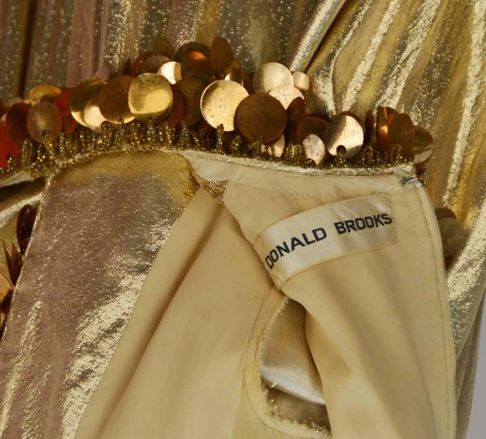 1960s Donald Brooks Gold Metallic Evening Dress with Sequin and Beaded Trim