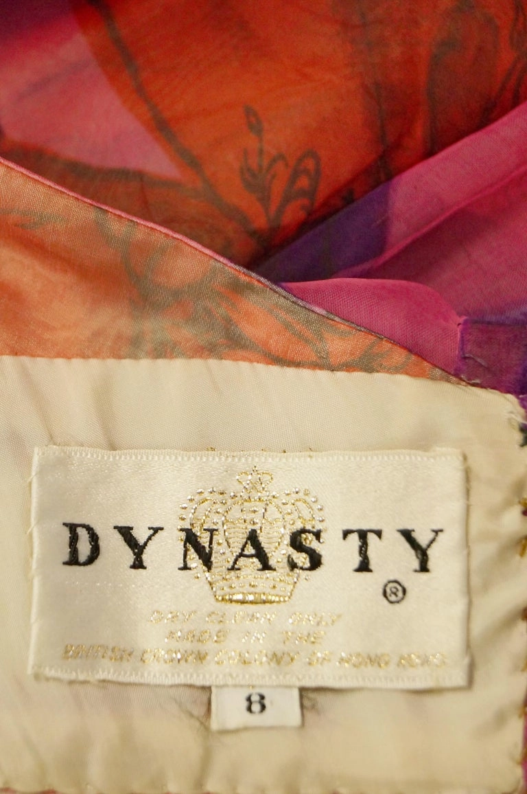 1960s Dynasty Sheer Raspberry Silk Floral Evening Dress