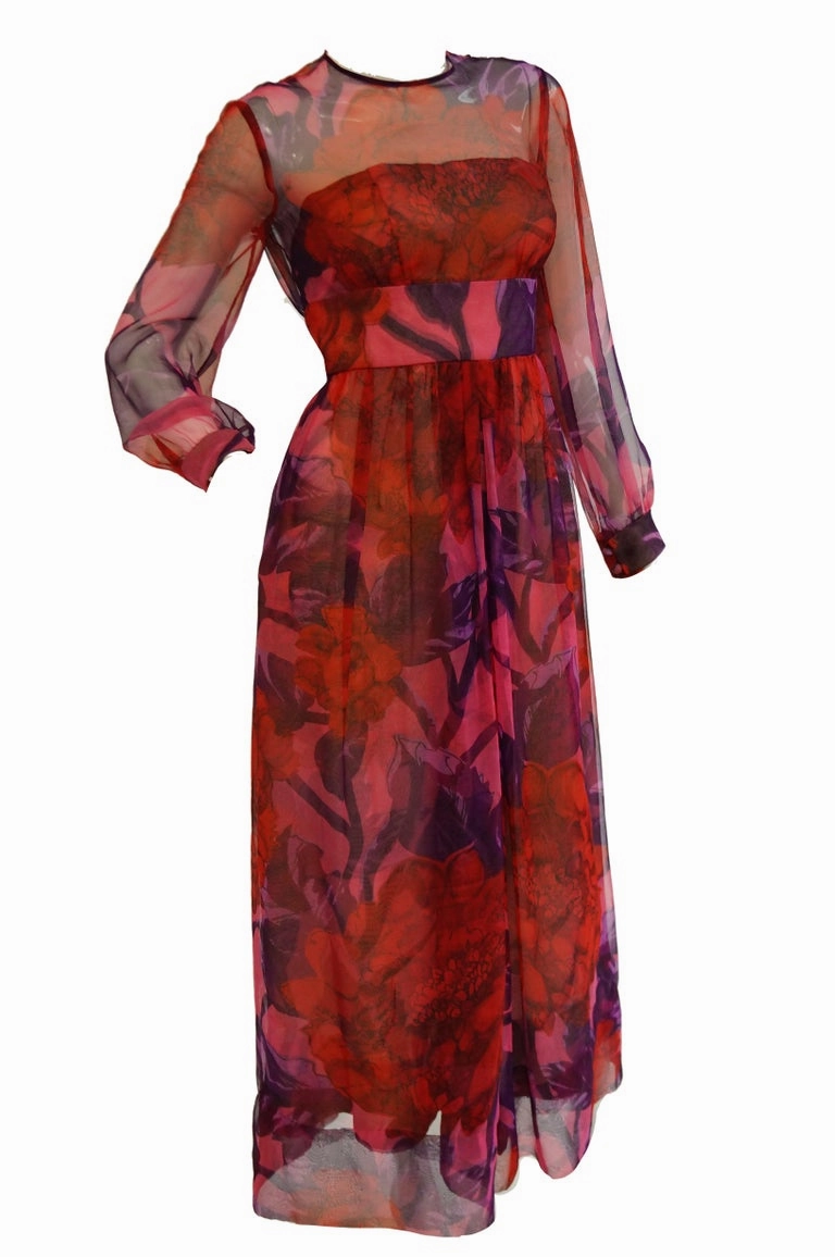 1960s Dynasty Sheer Raspberry Silk Floral Evening Dress