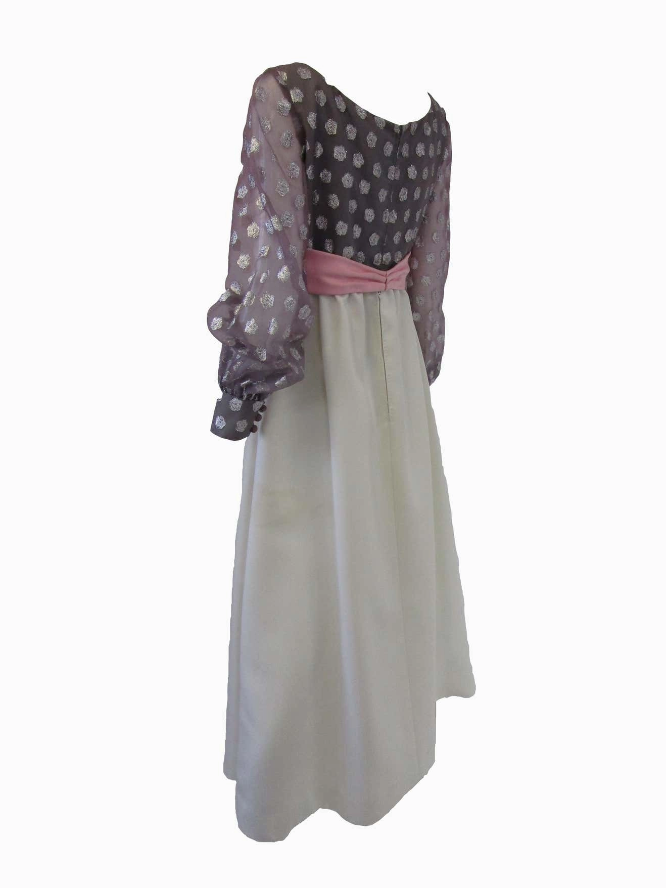 1960s Geoffrey Beene Purple, Pink and Cream Silk Gown with Silver Polka Dots