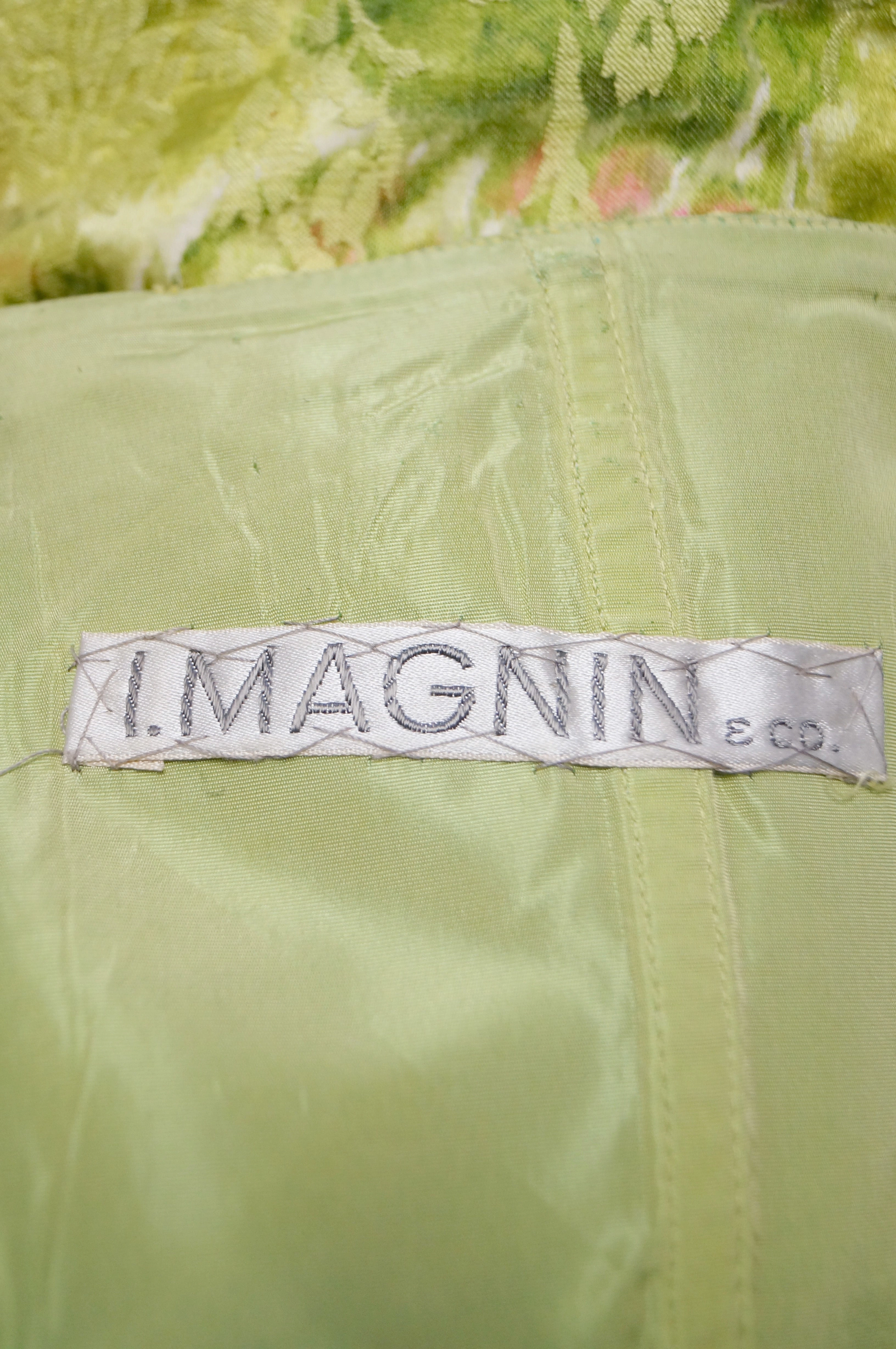 1960s I. Magnin Apple Green and Pink Floral Empire Waist Evening Dress
