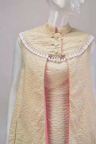 1960s Mr. Blackwell Ivory Textured Dress with Pink Lined Cape