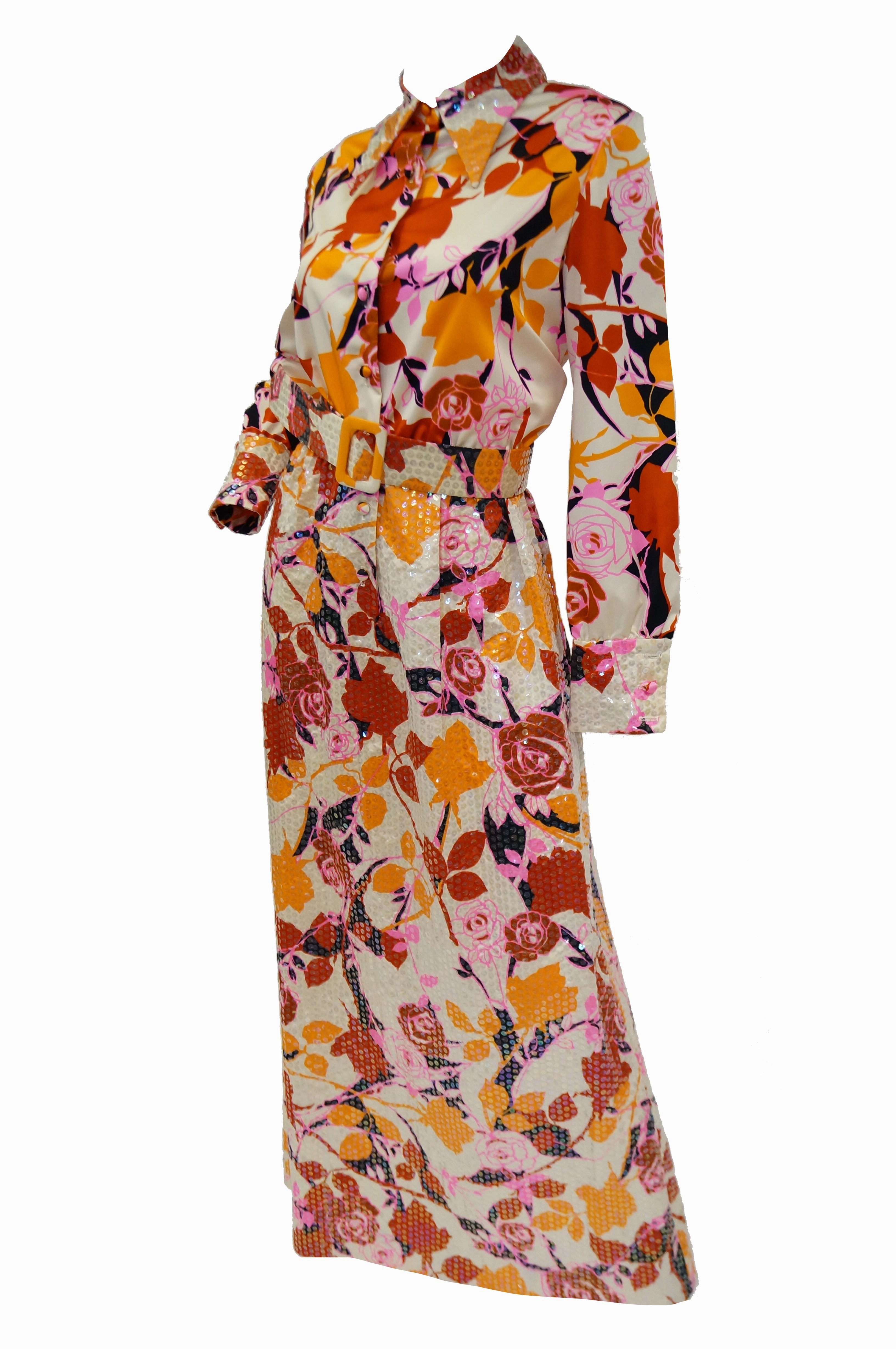 1970s Red and Orange Floral Sequin Maxi Dress