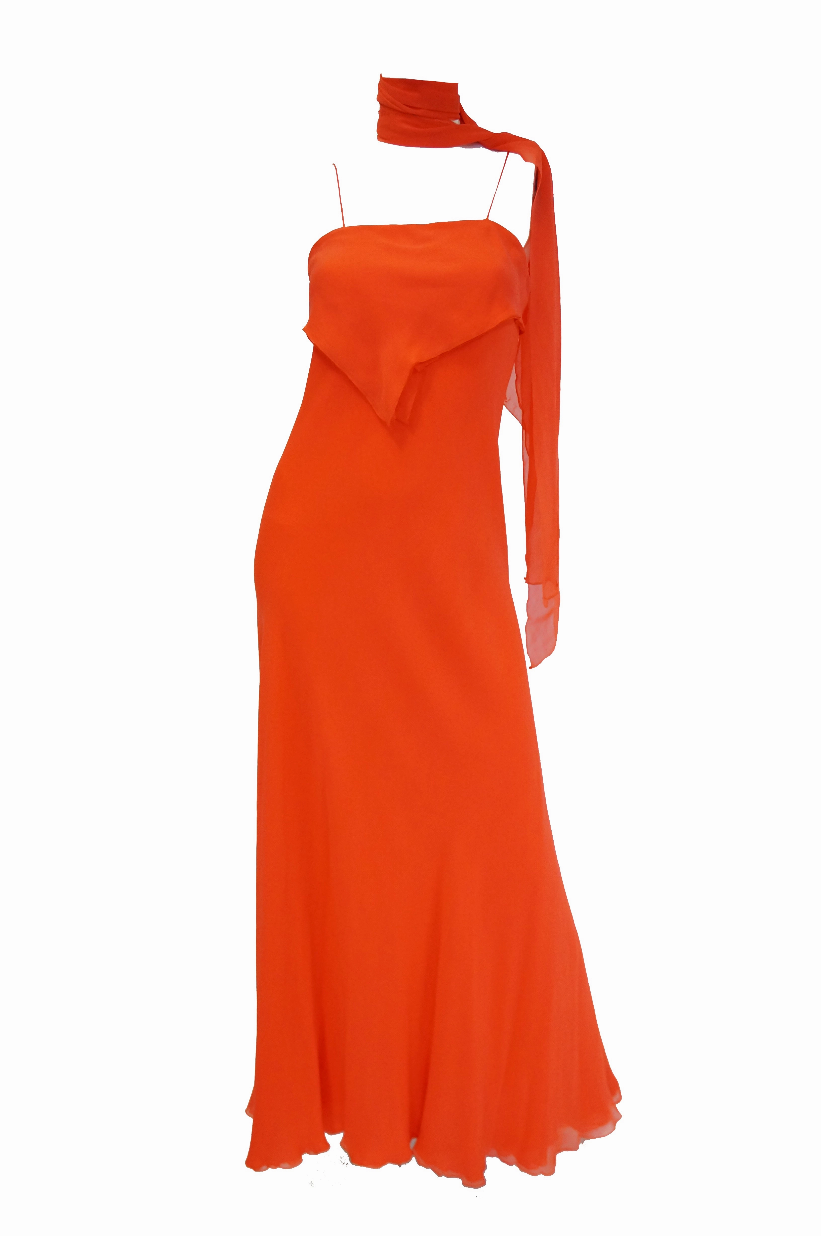 1970s Stavropoulos Neon Red Silk Evening Dress and Sheer Coat