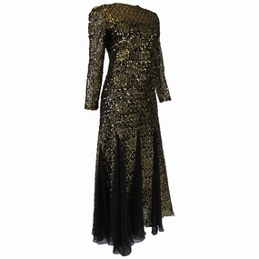 1980s Richilene Black and Gold Sequined Evening Dress
