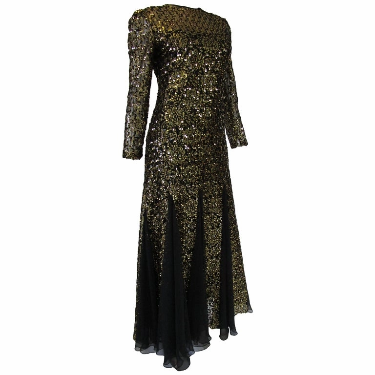 1980s Richilene Black and Gold Sequined Evening Dress