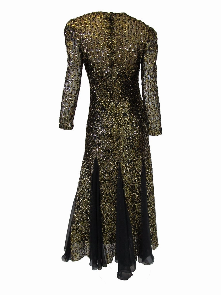1980s Richilene Black and Gold Sequined Evening Dress