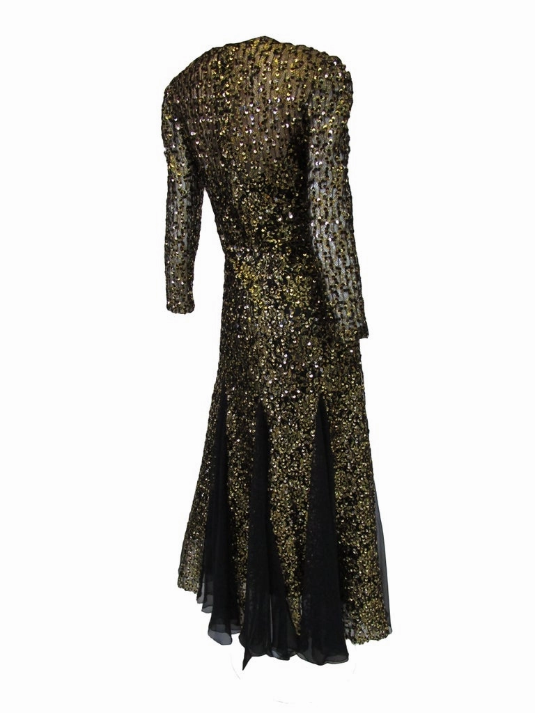 1980s Richilene Black and Gold Sequined Evening Dress