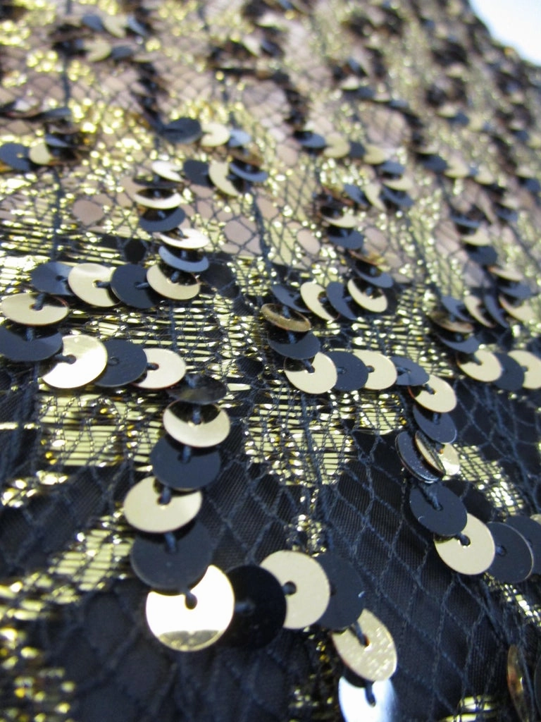 1980s Richilene Black and Gold Sequined Evening Dress