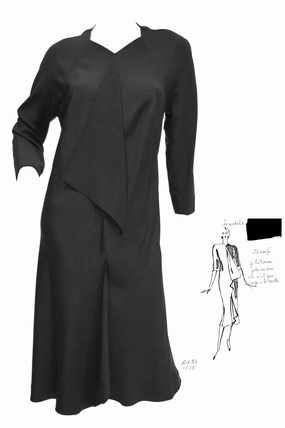 1984 Rare Madame Gres Black Silk Evening Dress w/ Scarf Drape & Original Croquis
