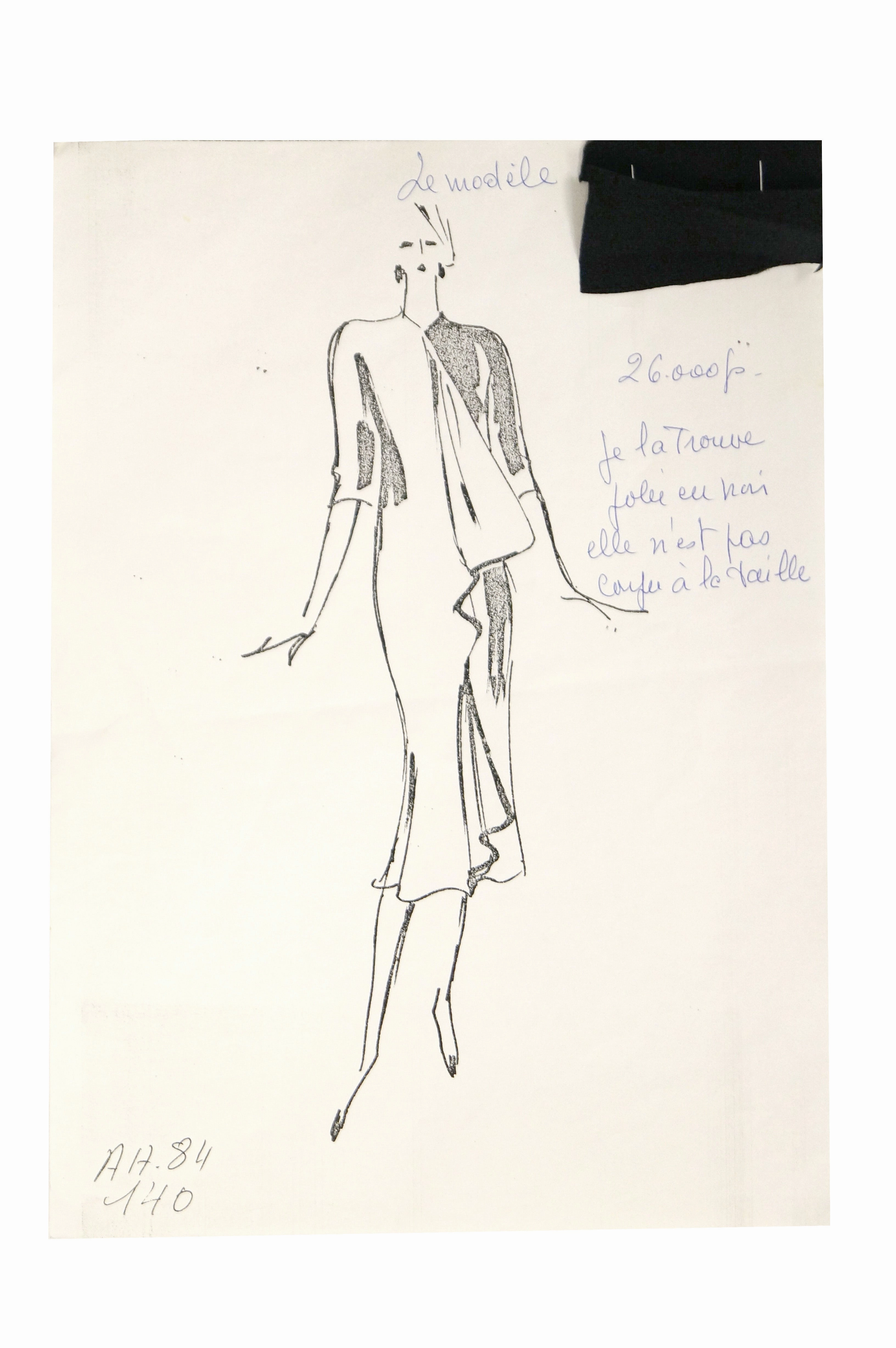 1984 Rare Madame Gres Black Silk Evening Dress w/ Scarf Drape & Original Croquis