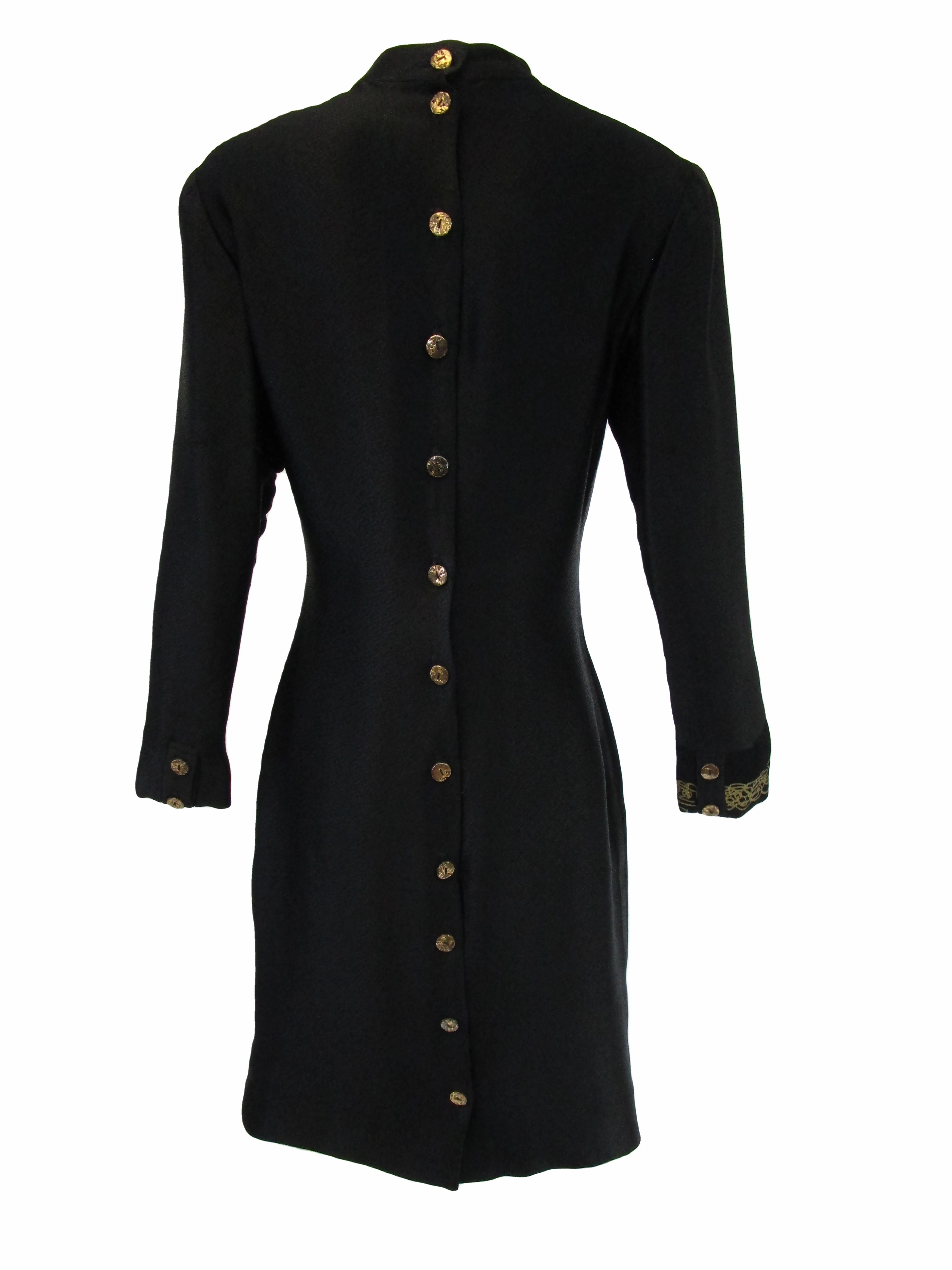 1990s Zandra Rhodes Black Silk Evening Dress With Gold Chain Print