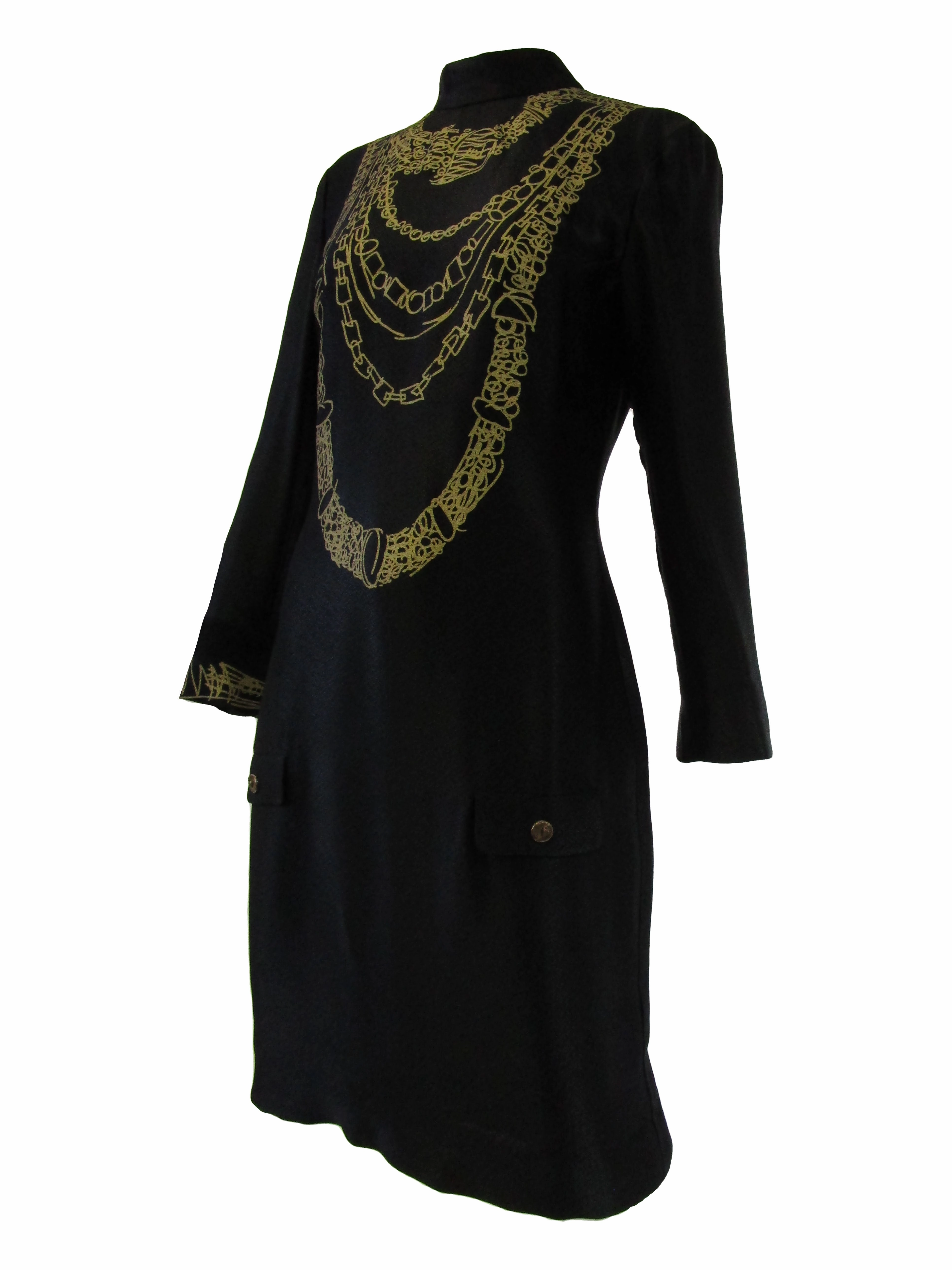 1990s Zandra Rhodes Black Silk Evening Dress With Gold Chain Print