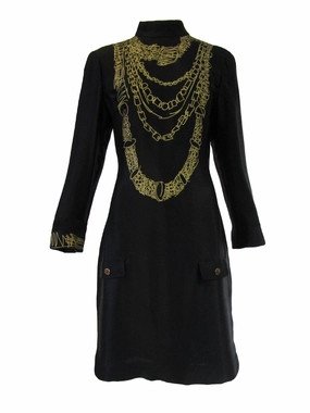 1990s Zandra Rhodes Black Silk Evening Dress With Gold Chain Print