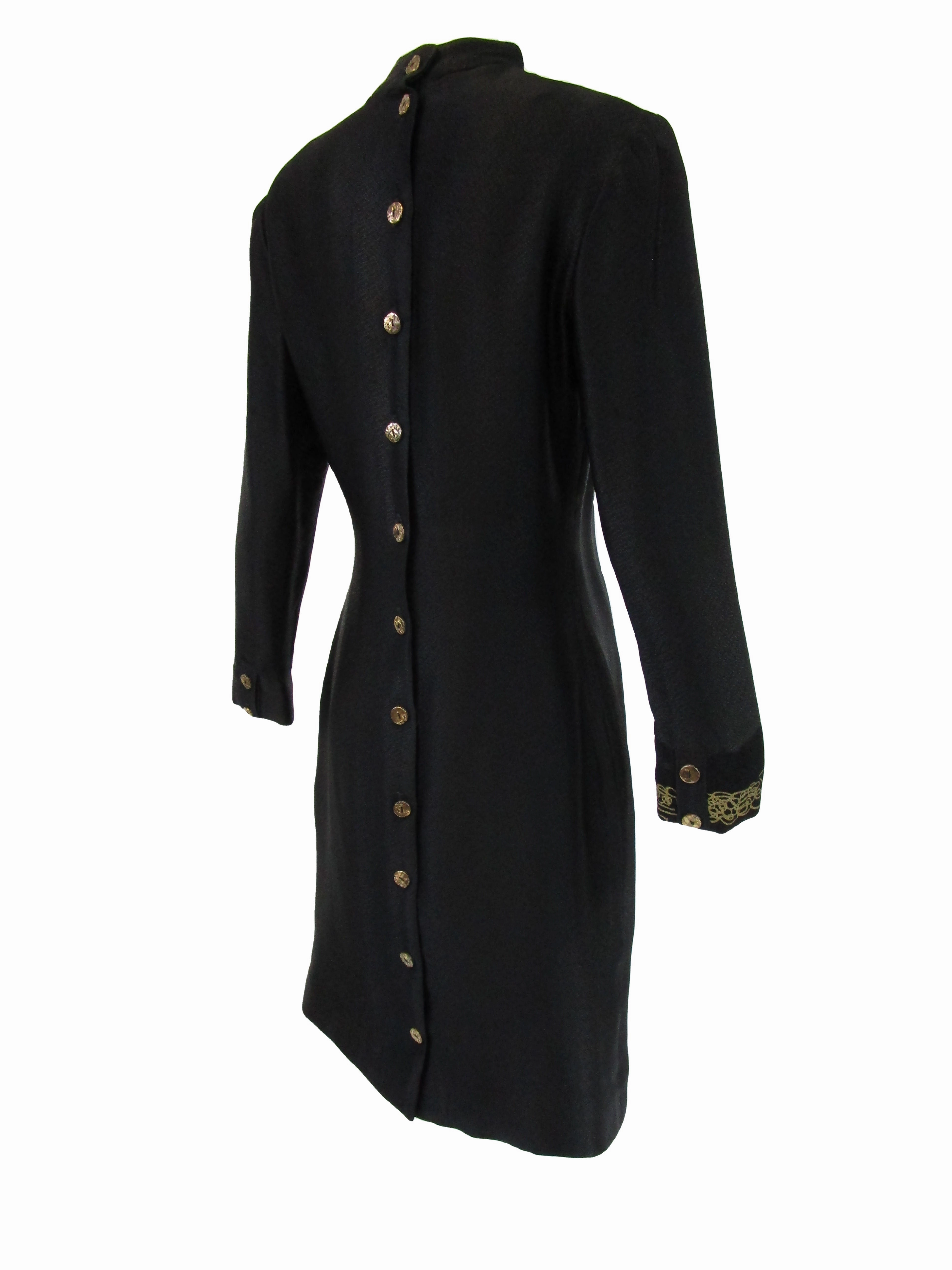1990s Zandra Rhodes Black Silk Evening Dress With Gold Chain Print