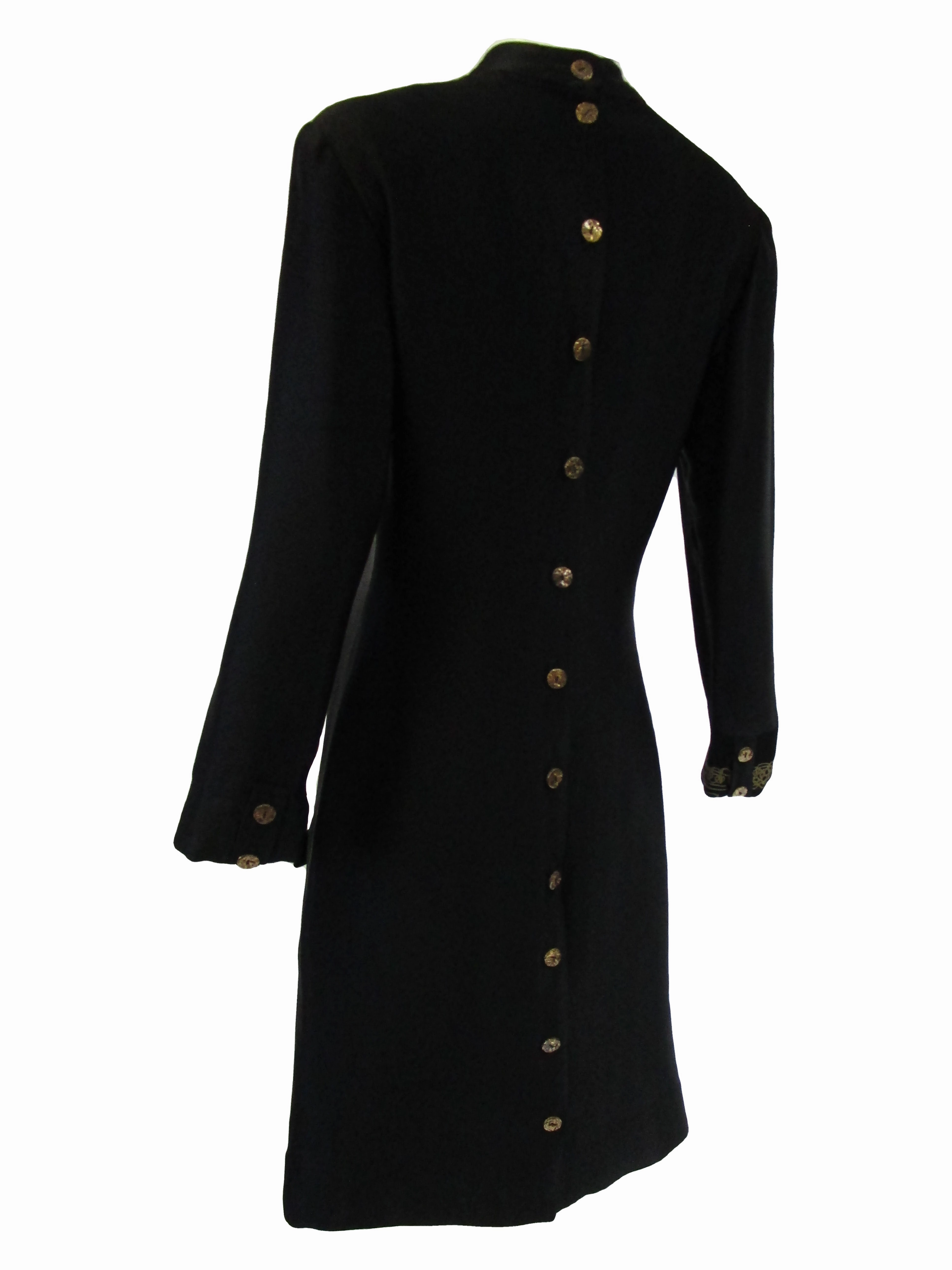 1990s Zandra Rhodes Black Silk Evening Dress With Gold Chain Print
