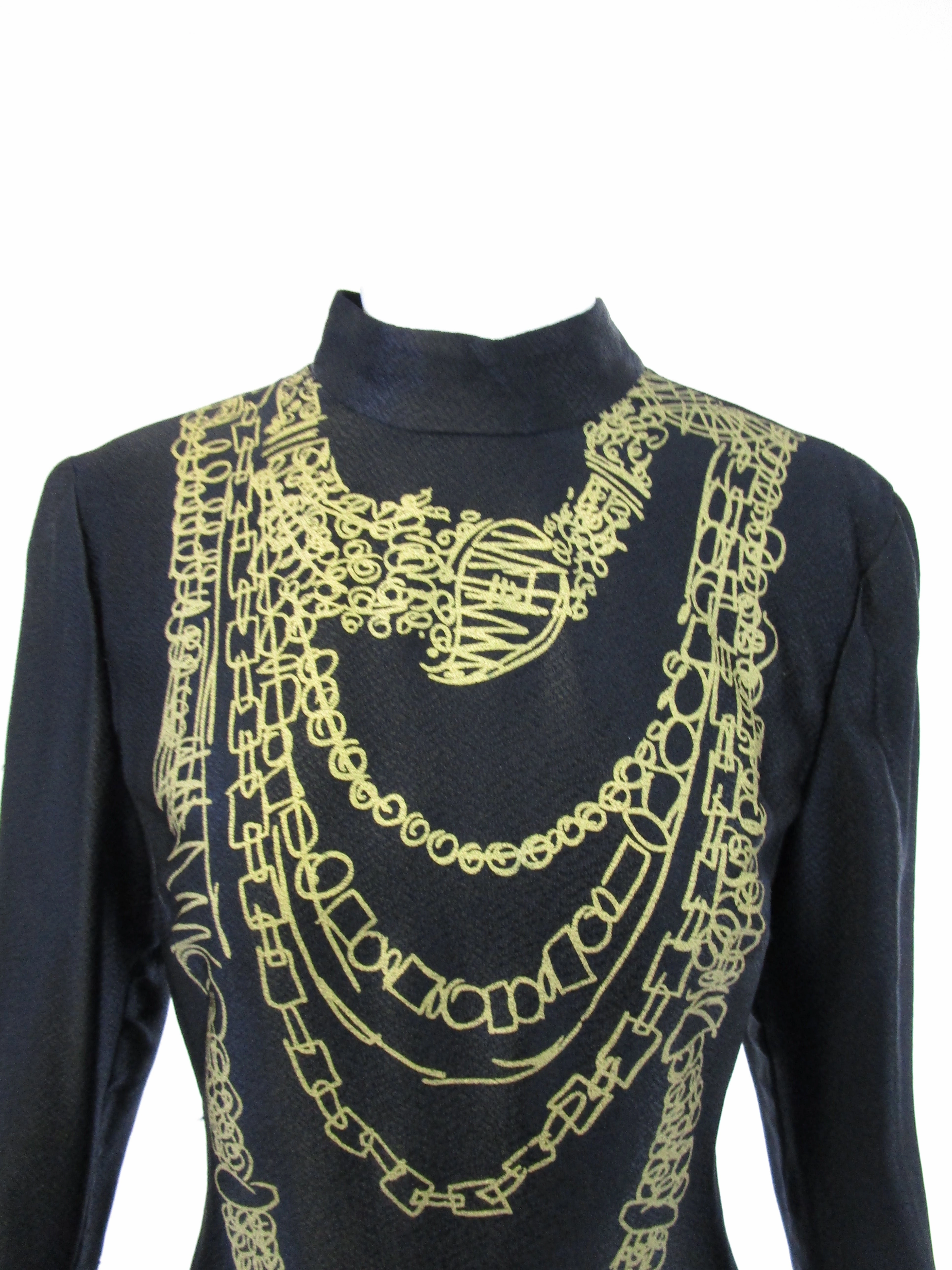 1990s Zandra Rhodes Black Silk Evening Dress With Gold Chain Print