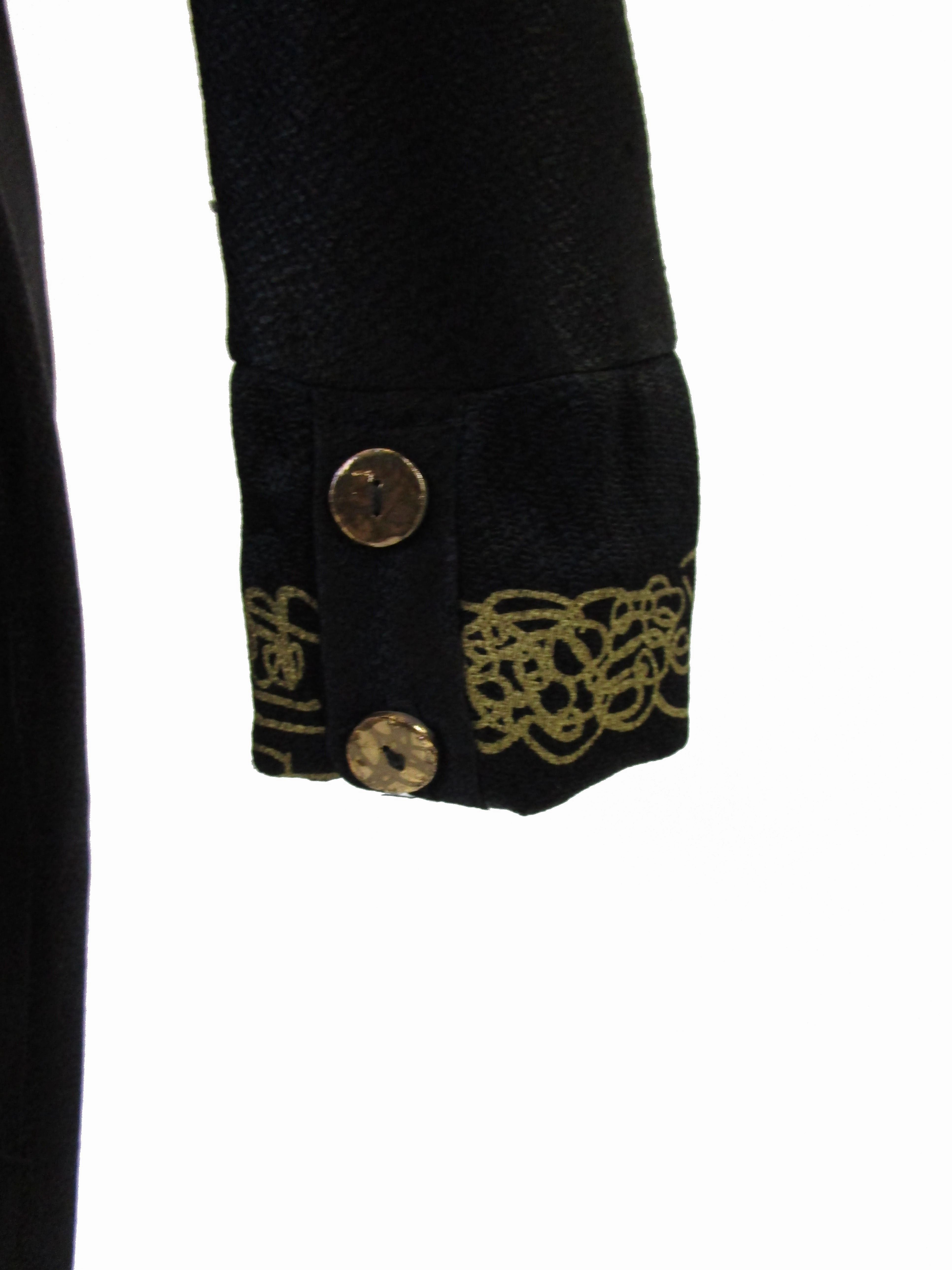 1990s Zandra Rhodes Black Silk Evening Dress With Gold Chain Print