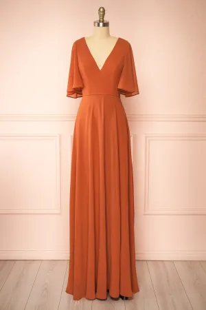 Adelphia Rust | V-neck Chiffon Maxi Dress