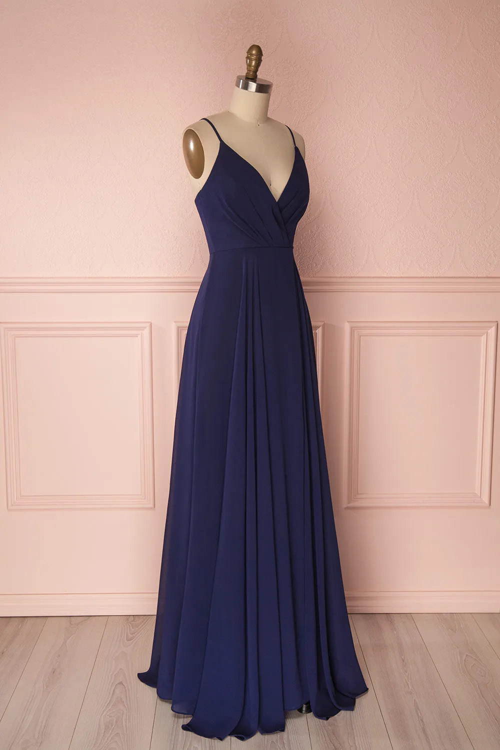 Aelis Navy | Pleated Plunging V-Neckline Gown