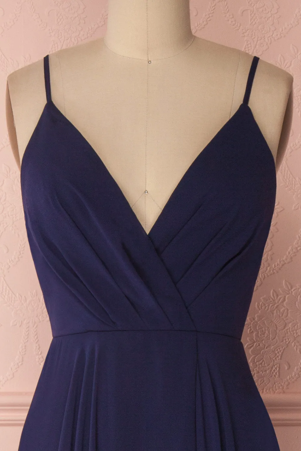 Aelis Navy | Pleated Plunging V-Neckline Gown