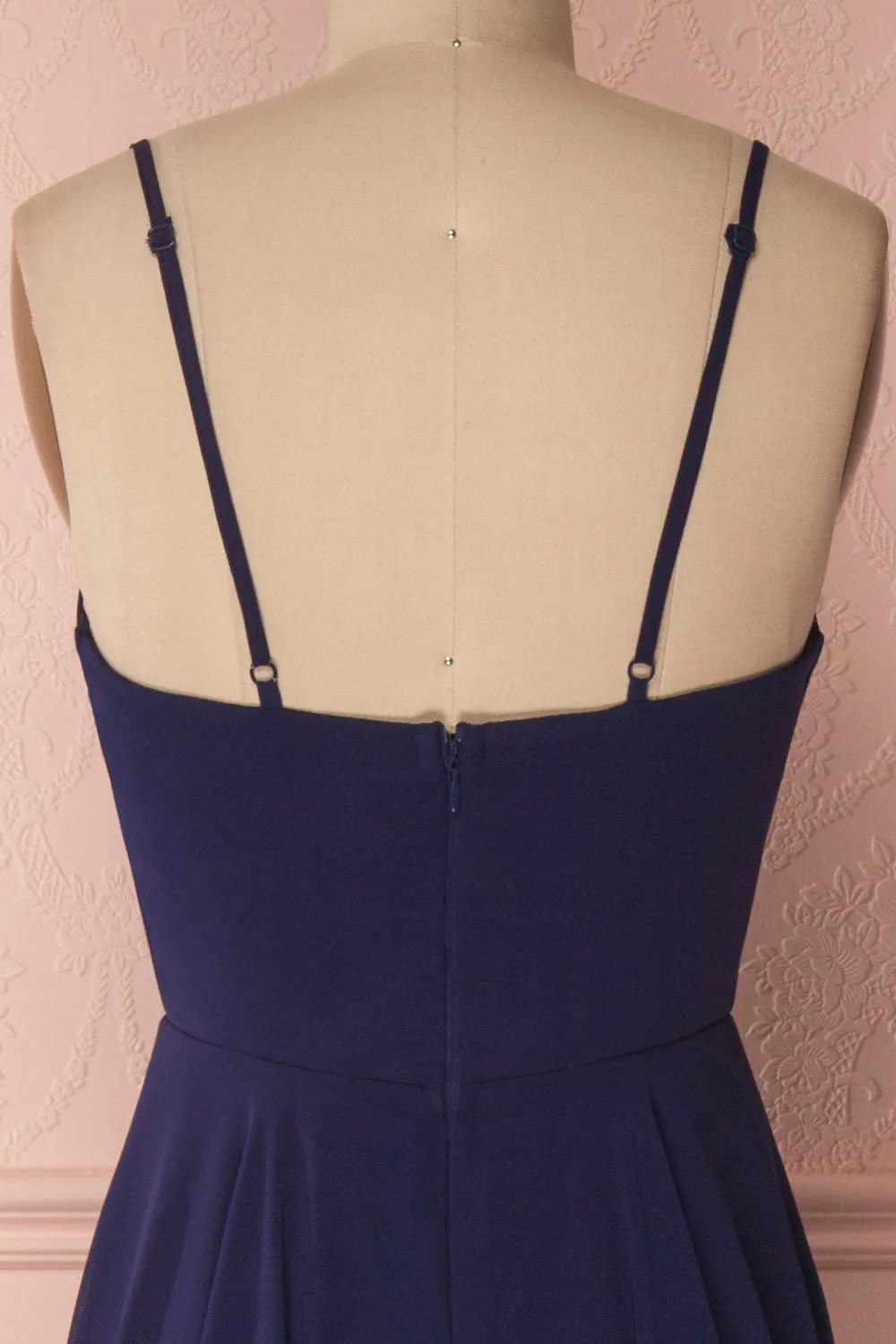 Aelis Navy | Pleated Plunging V-Neckline Gown