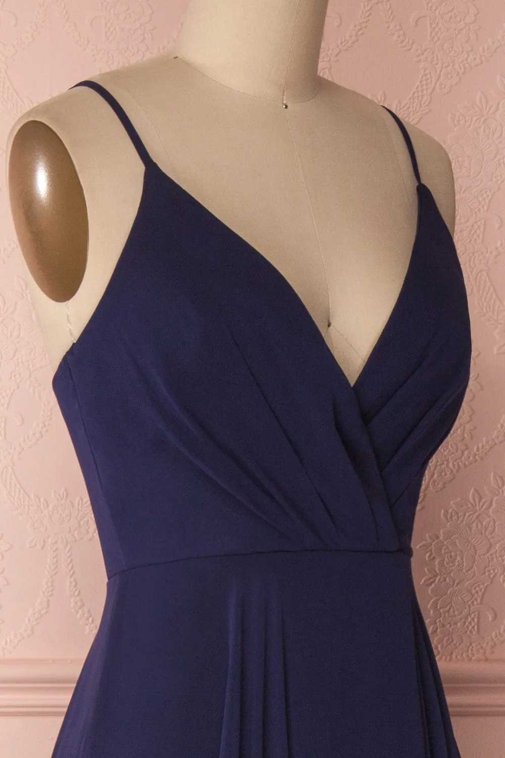 Aelis Navy | Pleated Plunging V-Neckline Gown