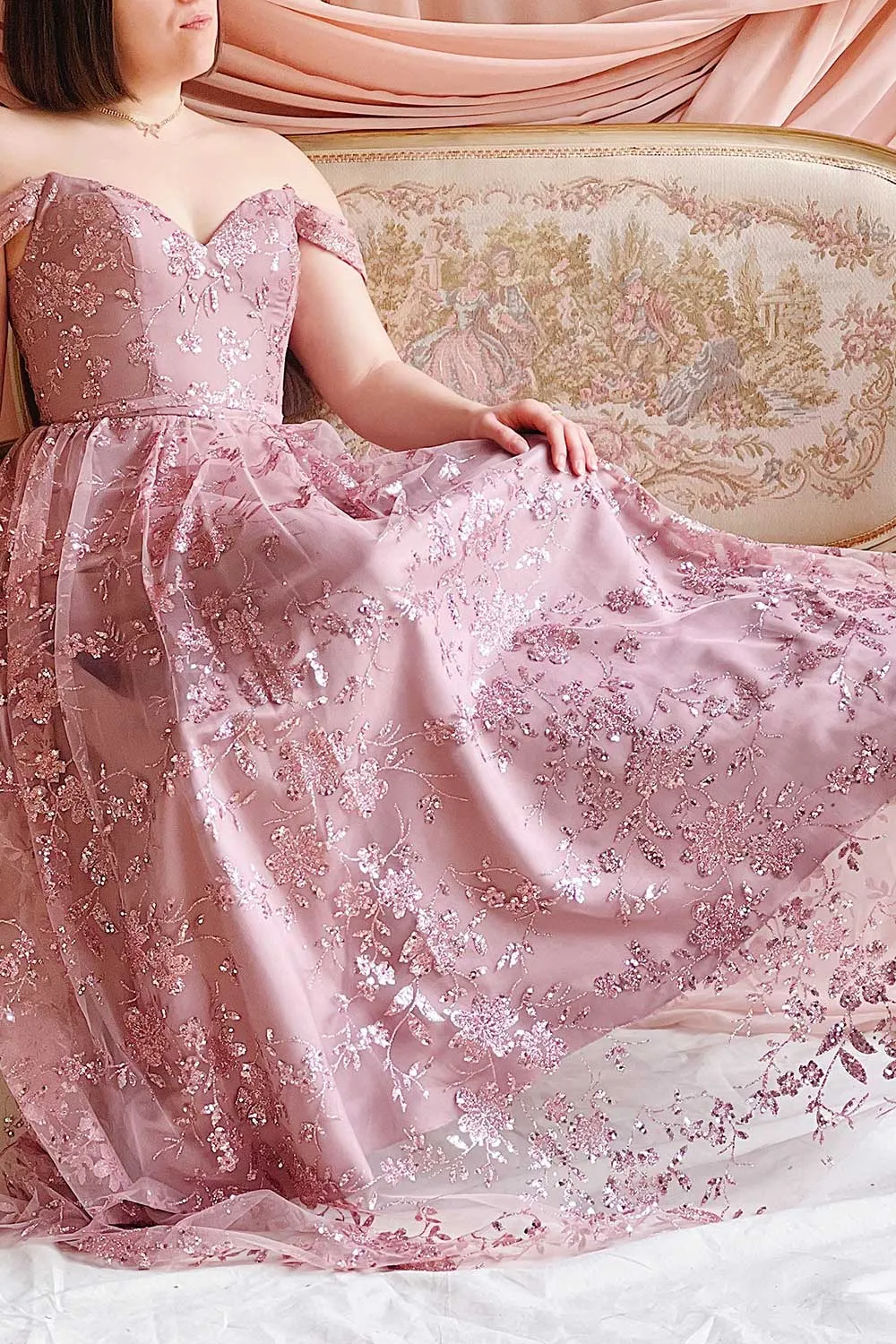 Alienor | Glittery Off the Shoulder Mesh Maxi Dress