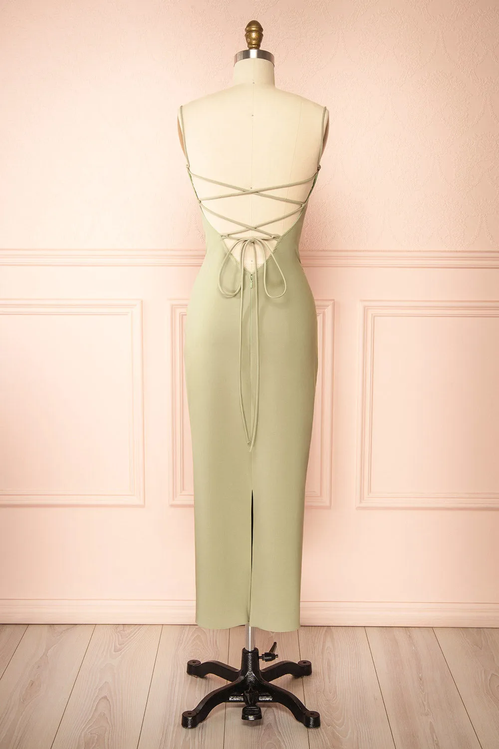 Arannia Sage | Fitted Midi Dress with Laced Back