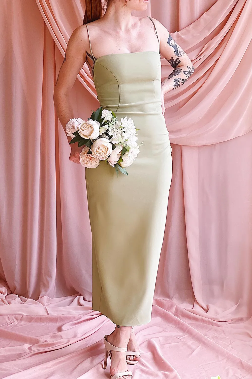 Arannia Sage | Fitted Midi Dress with Laced Back