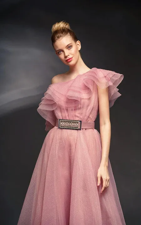 Asymmetrical Off-the-shoulder A-line Tulle Dress with Tiers