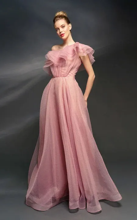 Asymmetrical Off-the-shoulder A-line Tulle Dress with Tiers