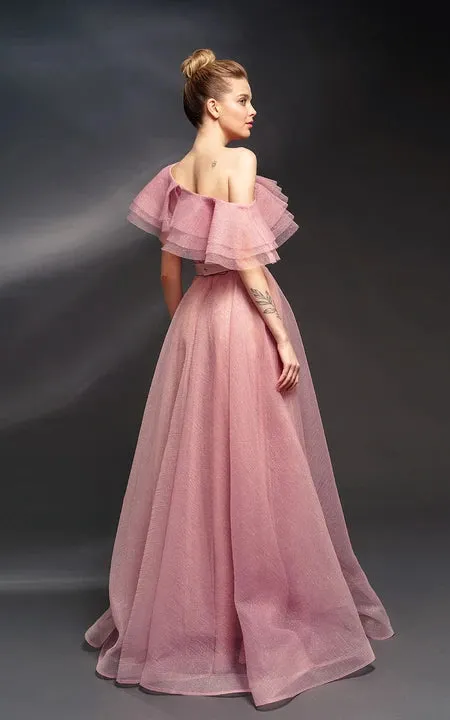 Asymmetrical Off-the-shoulder A-line Tulle Dress with Tiers