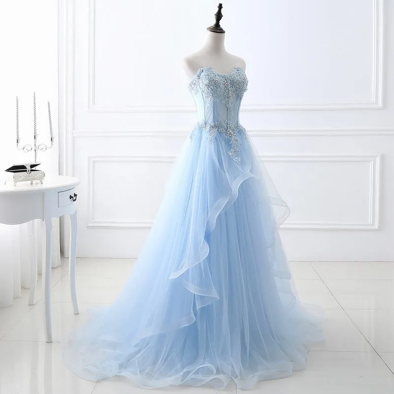 Blue Strapless Evening Dress  2025 Lace-Up Gown for Bridesmaids, Hosts, or Special Occasions