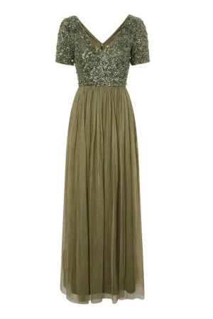 Chandelier Embellished Maxi Dress in Dark Olive