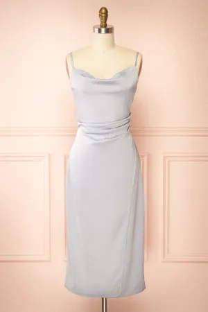 Chloe Grey | Cowl Neck Satin Midi Slip Dress