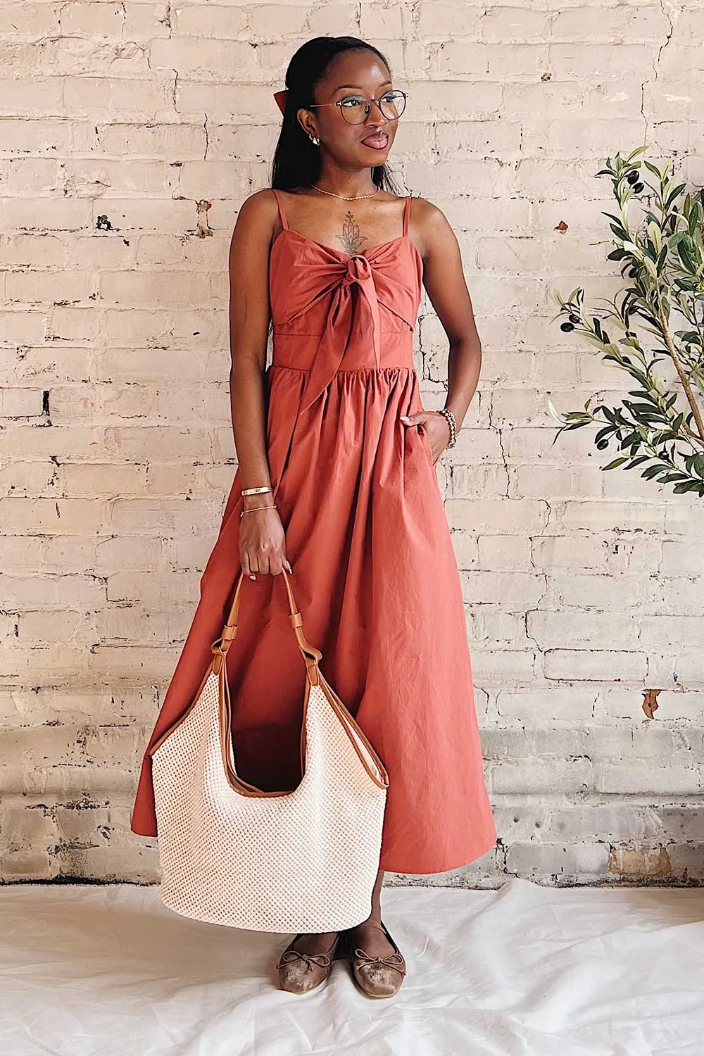 Daloa | Rust Midi Dress with Bow Detailing and Pockets