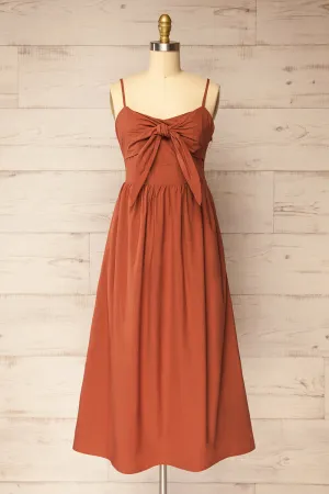 Daloa | Rust Midi Dress with Bow Detailing and Pockets