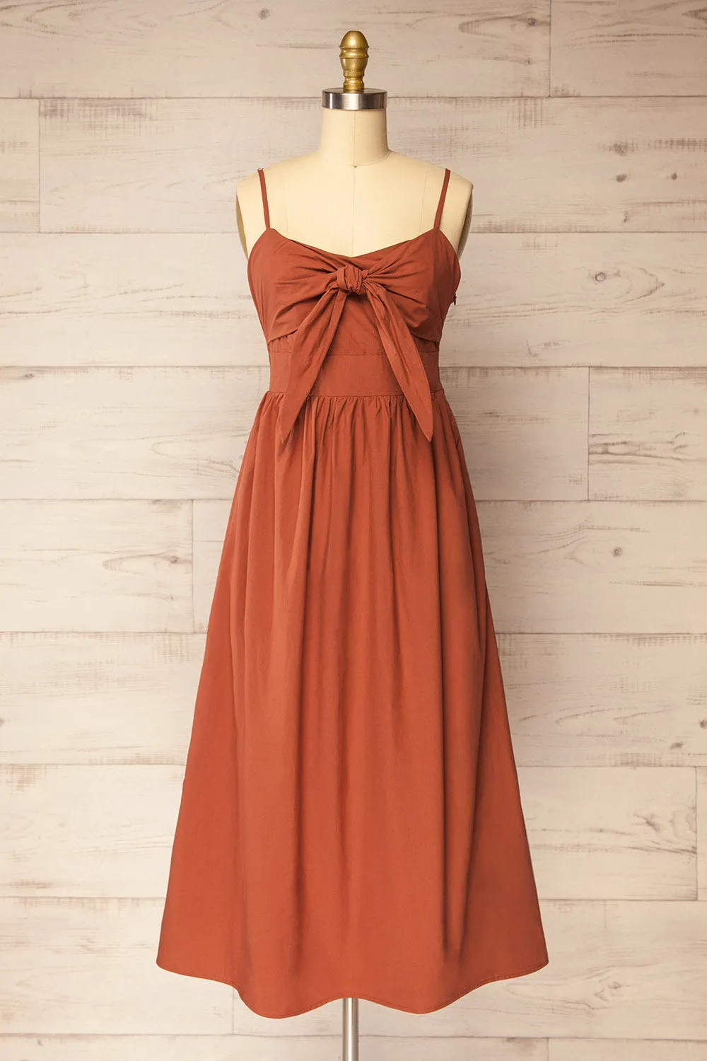 Daloa | Rust Midi Dress with Bow Detailing and Pockets