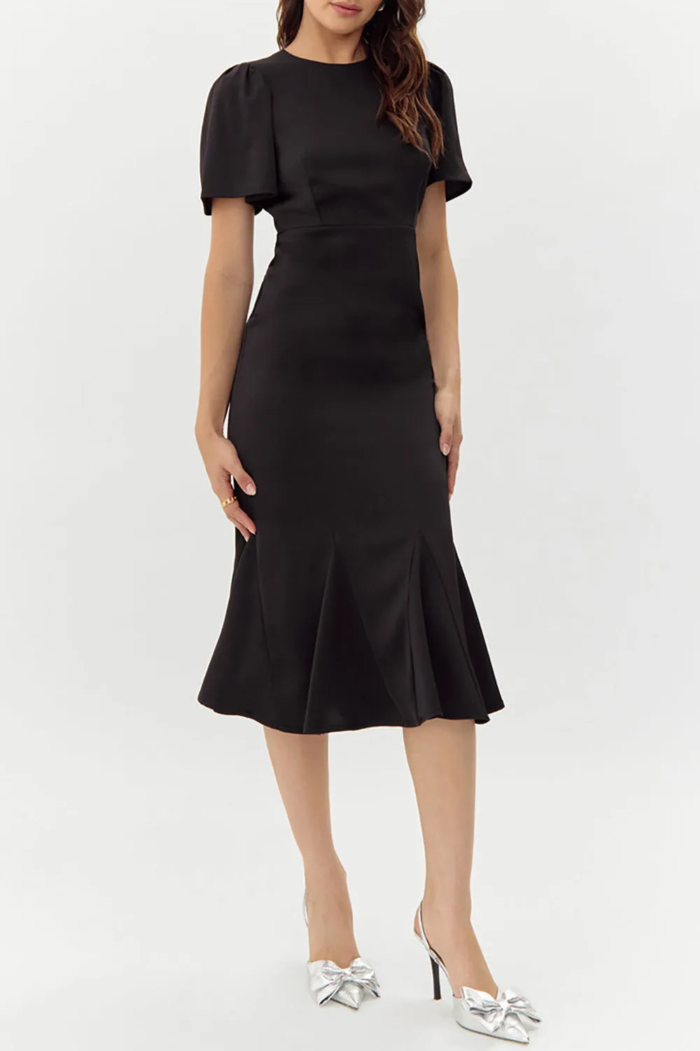 Doreen | Black Midi Dress w/ Bell Sleeves
