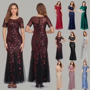 Elegant Scoop Neck Short Sleeve Mermaid Tulle Maxi Evening/Formal Dress with Sparkling Details