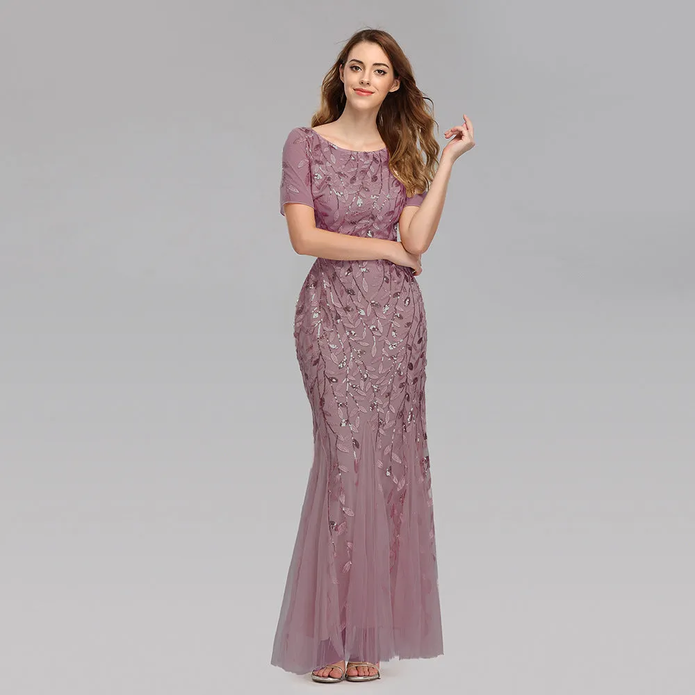 Elegant Scoop Neck Short Sleeve Mermaid Tulle Maxi Evening/Formal Dress with Sparkling Details