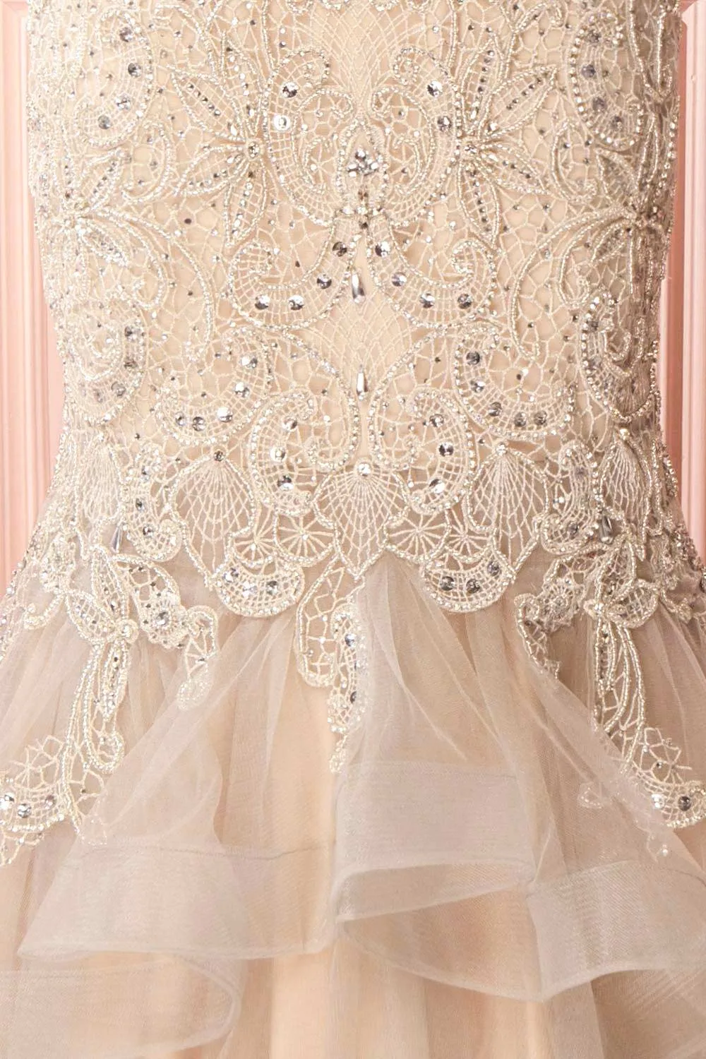 Emorine | Beige & Silver Crystal Embroidered Bridal Gown