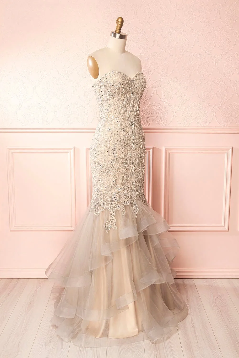 Emorine | Beige & Silver Crystal Embroidered Bridal Gown