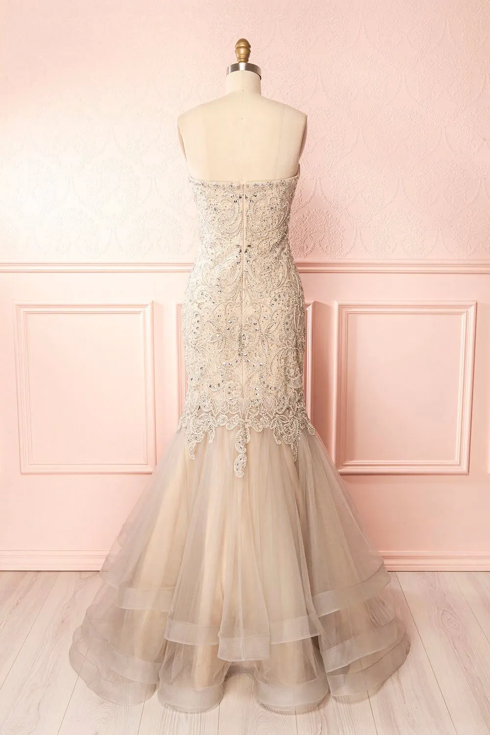 Emorine | Beige & Silver Crystal Embroidered Bridal Gown