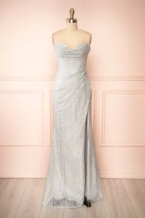 Frosti Silver | Sparkly Cowl Neck Maxi Dress