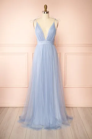 Hyedi Light Blue | Tulle Gown with Plunging Neckline