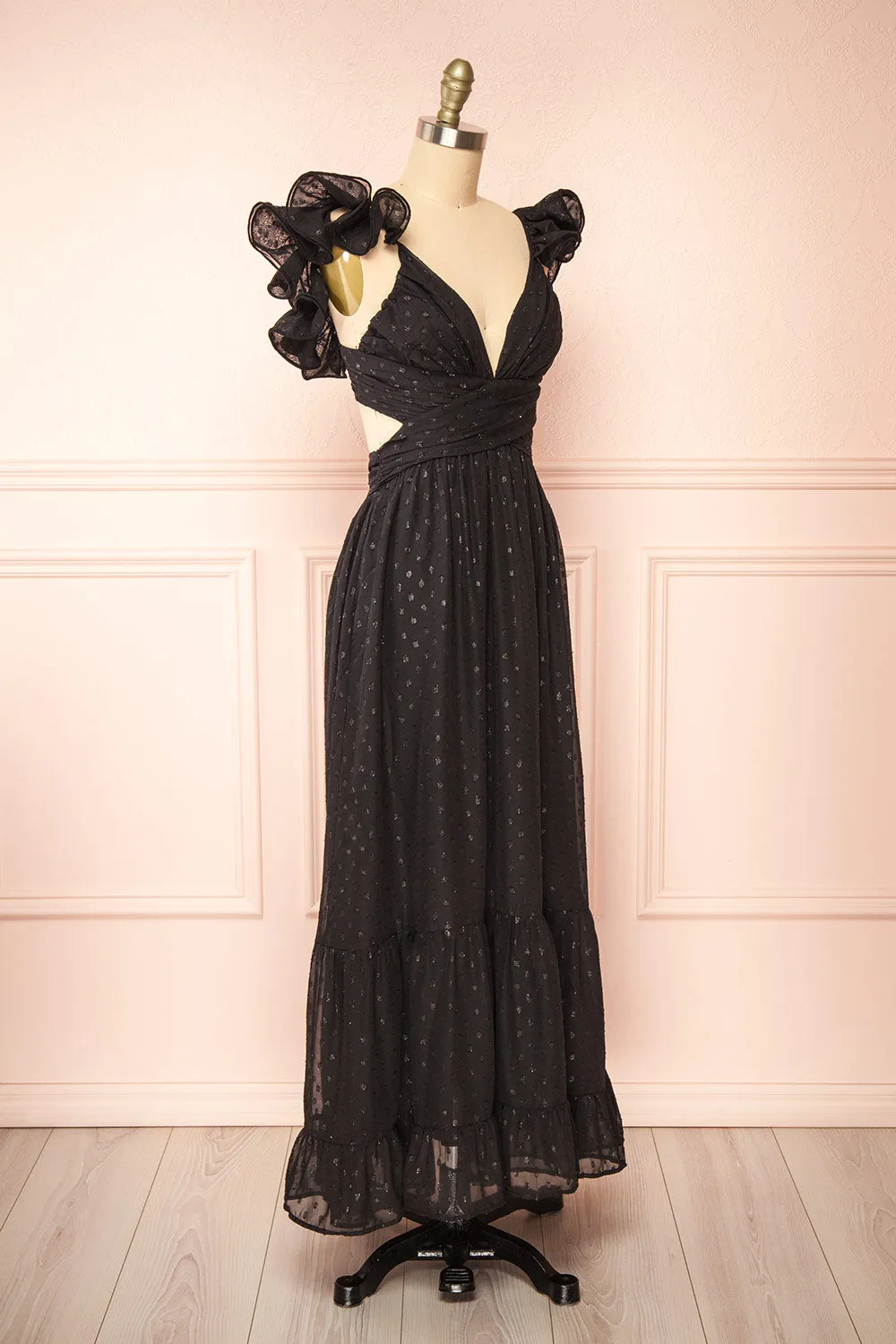 Isandrine | Long Black Dress w/ Dots & Ruffles