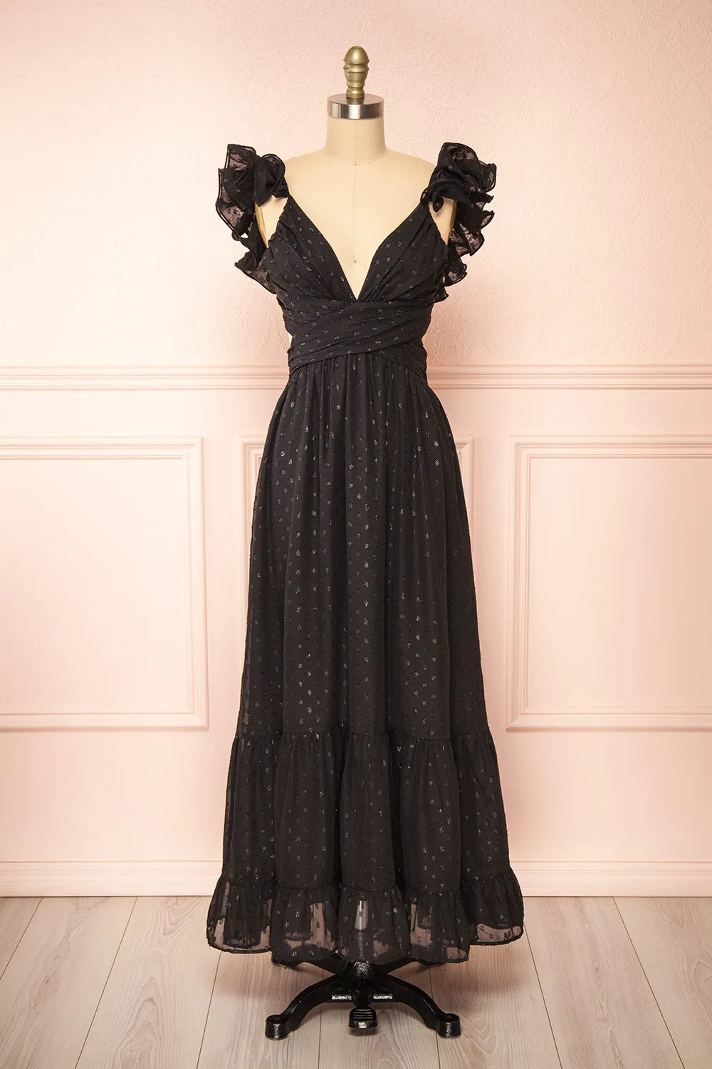 Isandrine | Long Black Dress w/ Dots & Ruffles