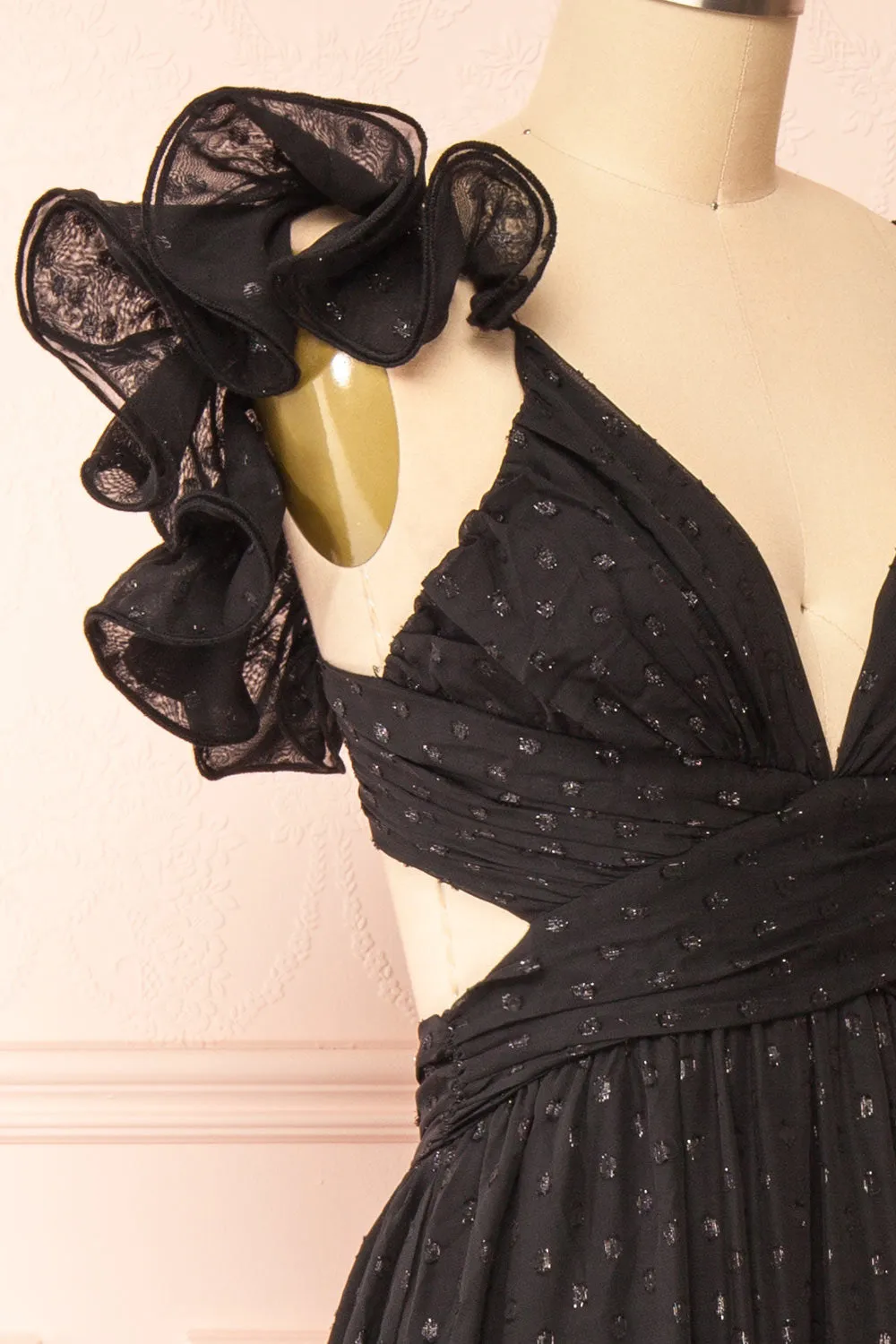 Isandrine | Long Black Dress w/ Dots & Ruffles